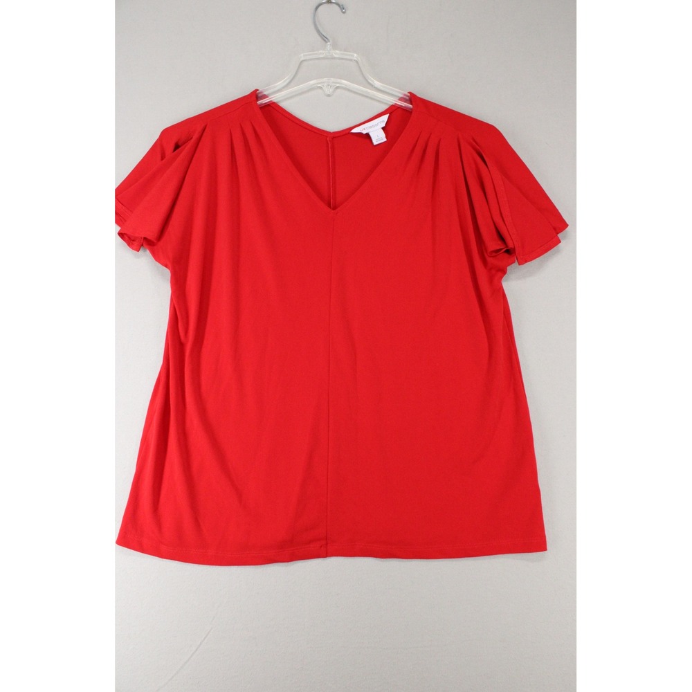 Liz Claiborne Blouse Top Women L Red Polyester Flutter Sleeve Minimalist Casual